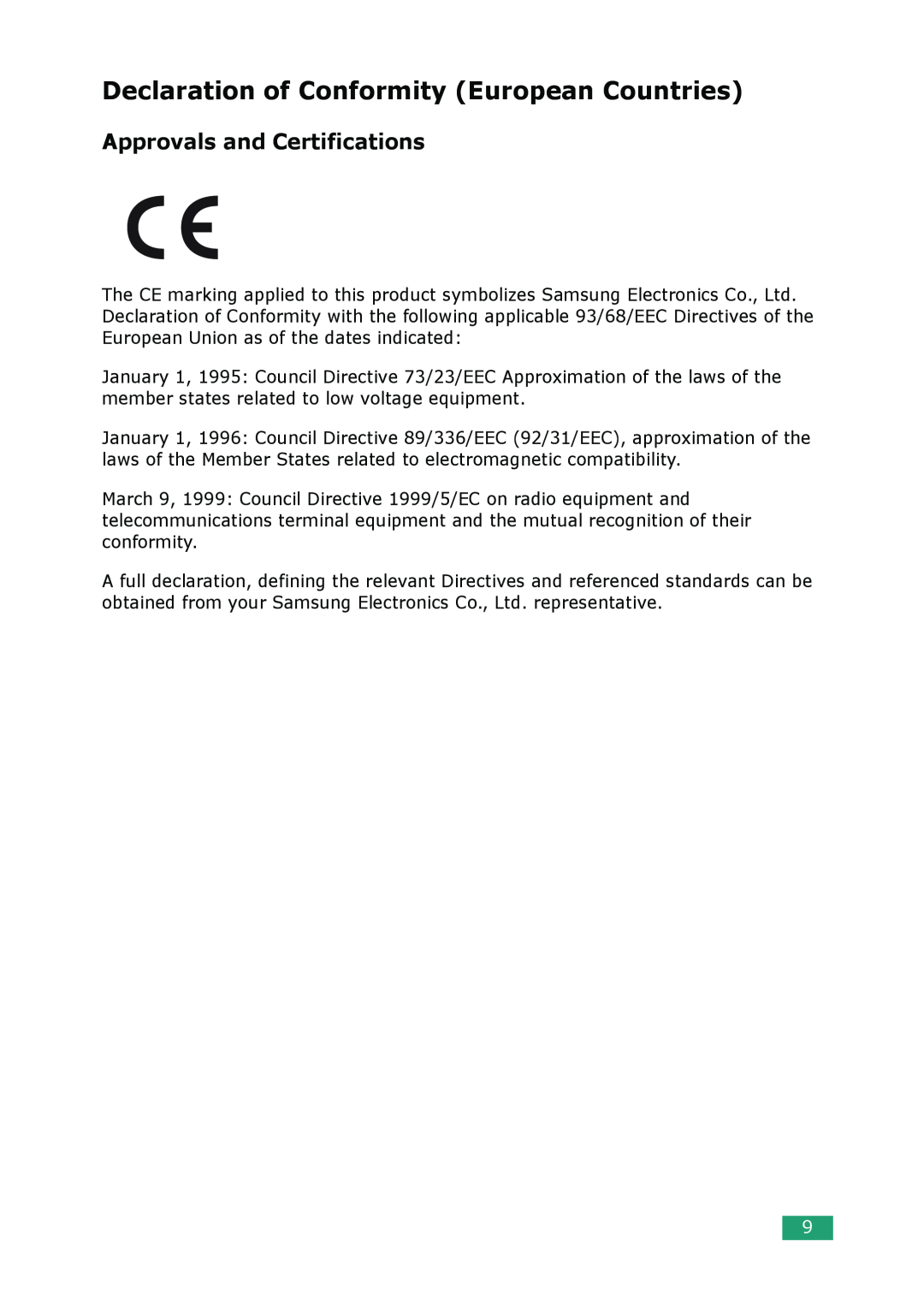 Samsung ML-1610 manual Declaration of Conformity European Countries, Approvals and Certifications 