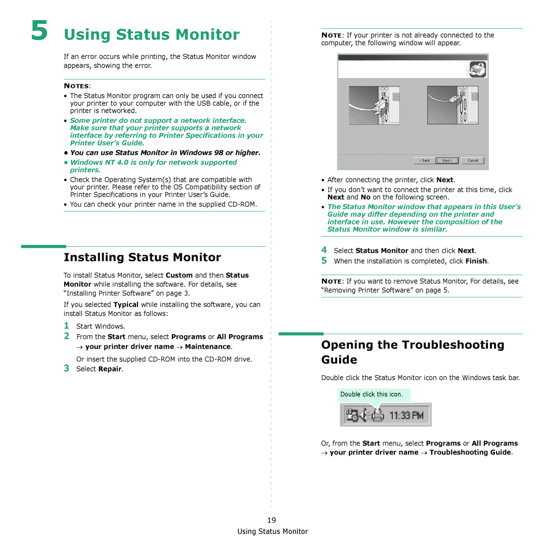 Samsung ML-1610 manual Using Status Monitor, Installing Status Monitor, Opening the Troubleshooting Guide 
