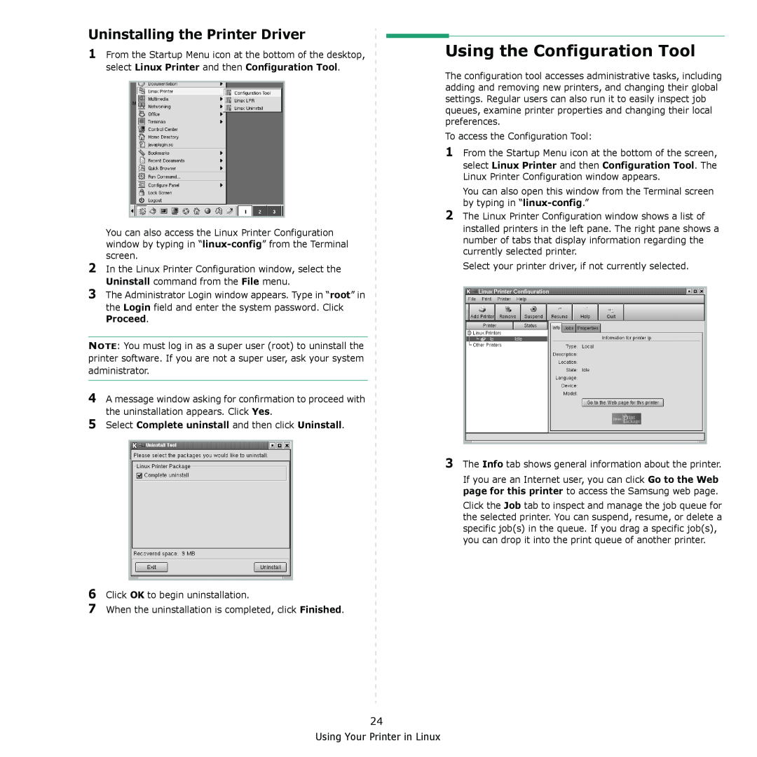 Samsung ML-1610 manual Using the Configuration Tool, Uninstalling the Printer Driver 