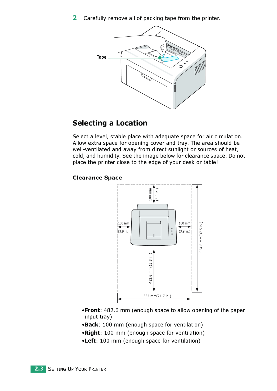 Samsung ML-1610 manual Selecting a Location, Clearance Space 
