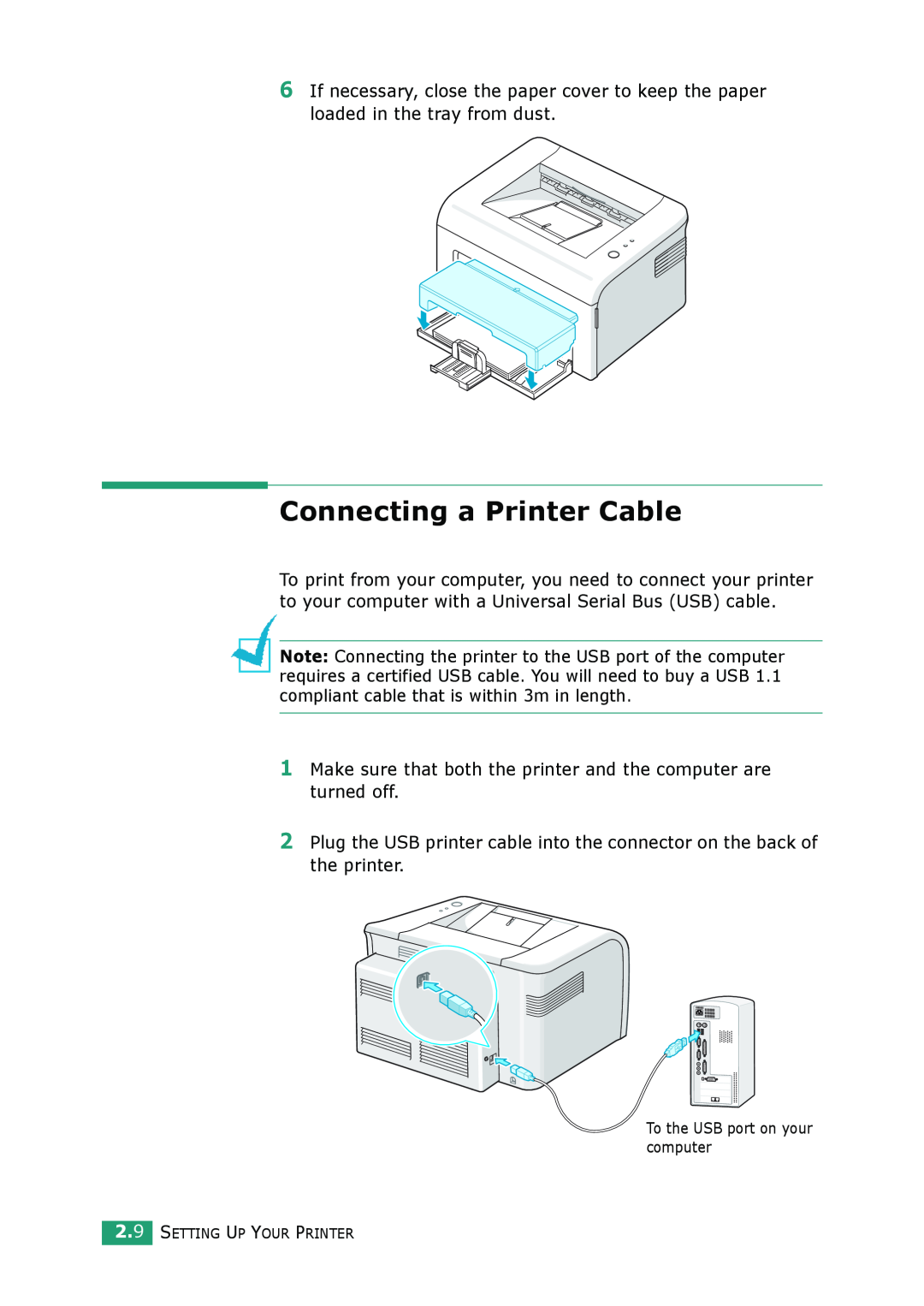 Samsung ML-1610 manual Connecting a Printer Cable 