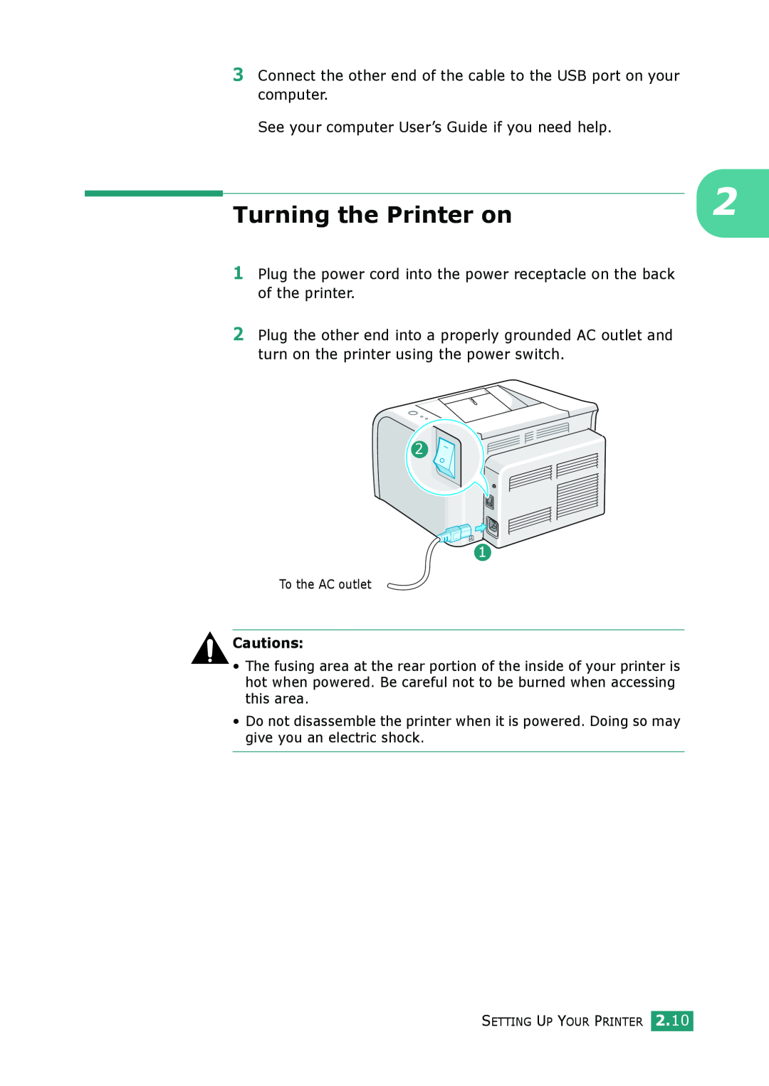 Samsung ML-1610 manual Turning the Printer on, Cautions 