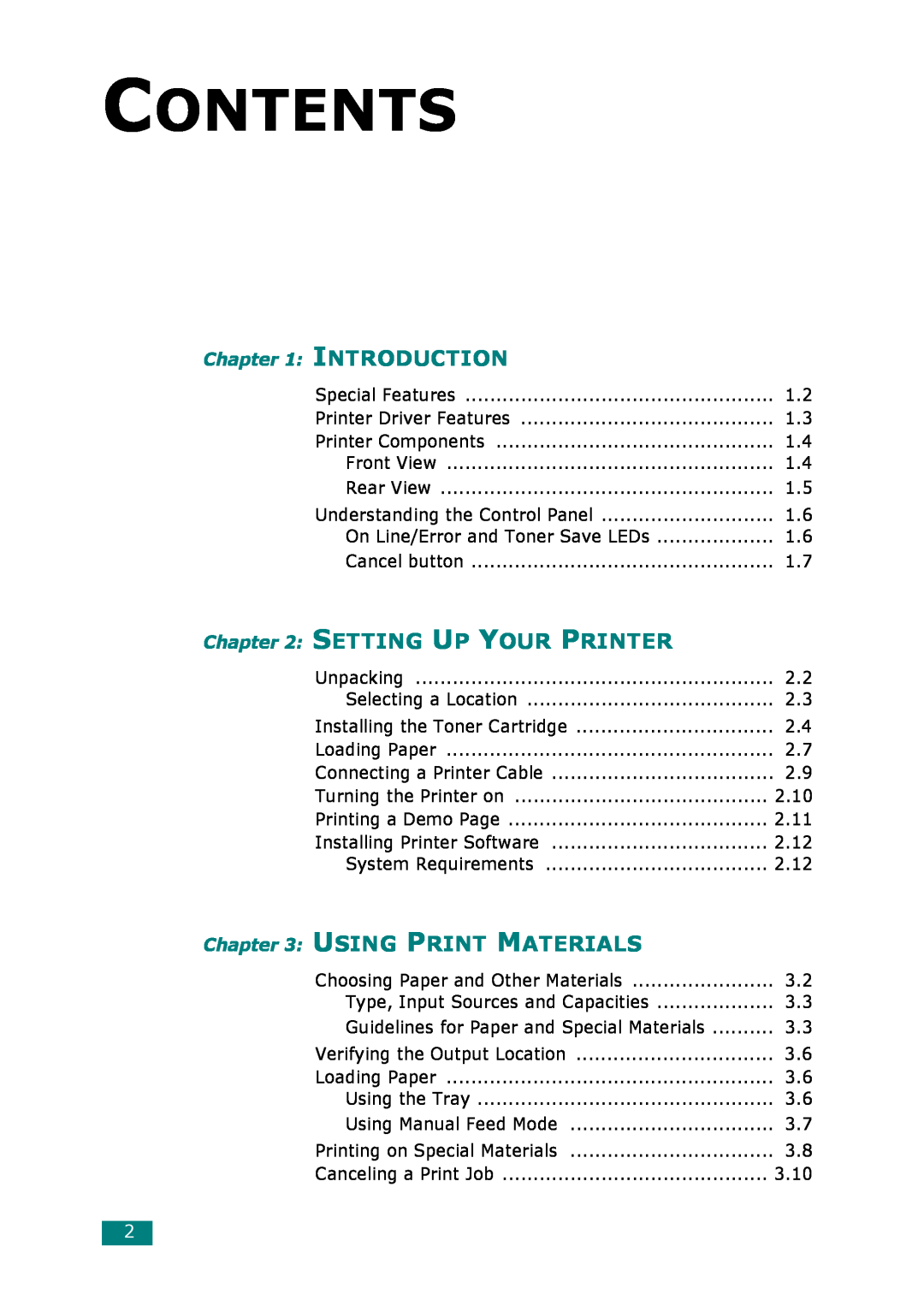 Samsung ML-1610 manual Contents, Setting Up Your Printer, Using Print Materials, Introduction 