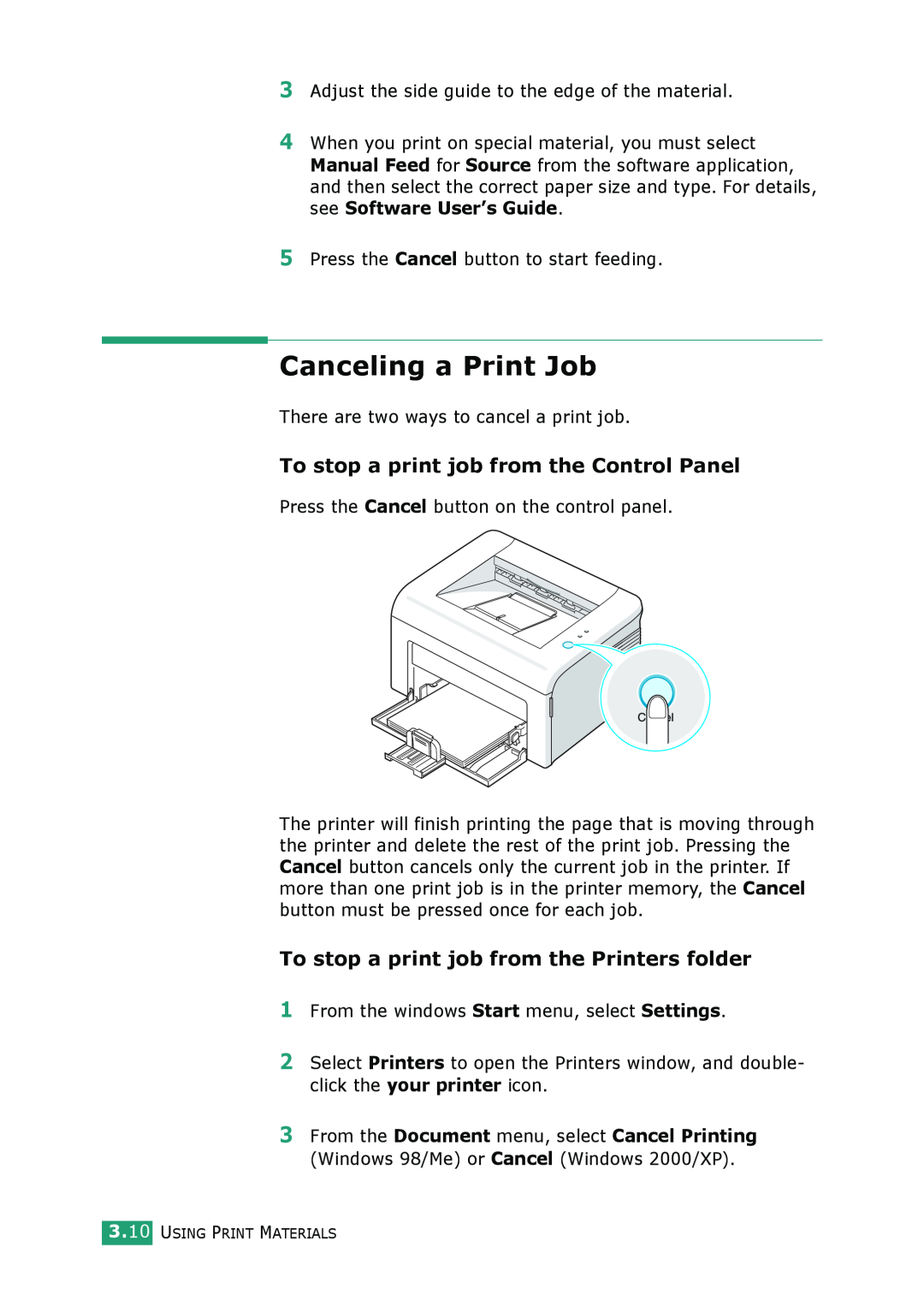 Samsung ML-1610 manual Canceling a Print Job, To stop a print job from the Control Panel 