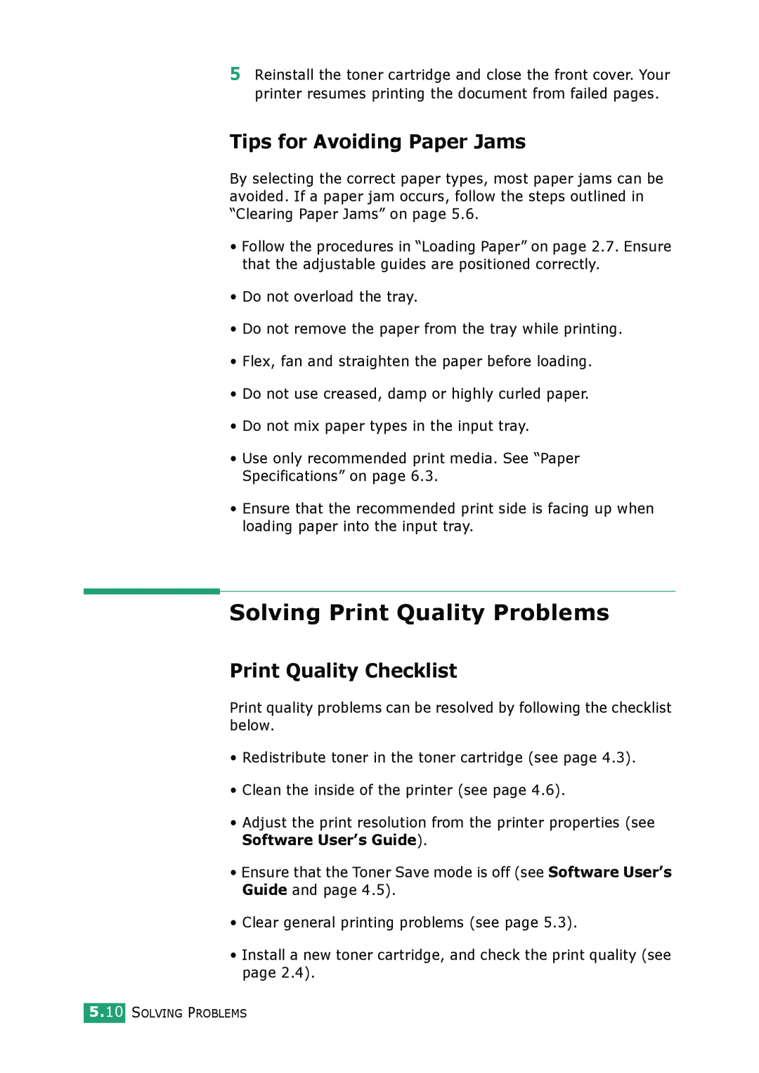 Samsung ML-1610 manual Solving Print Quality Problems, Tips for Avoiding Paper Jams, Print Quality Checklist 