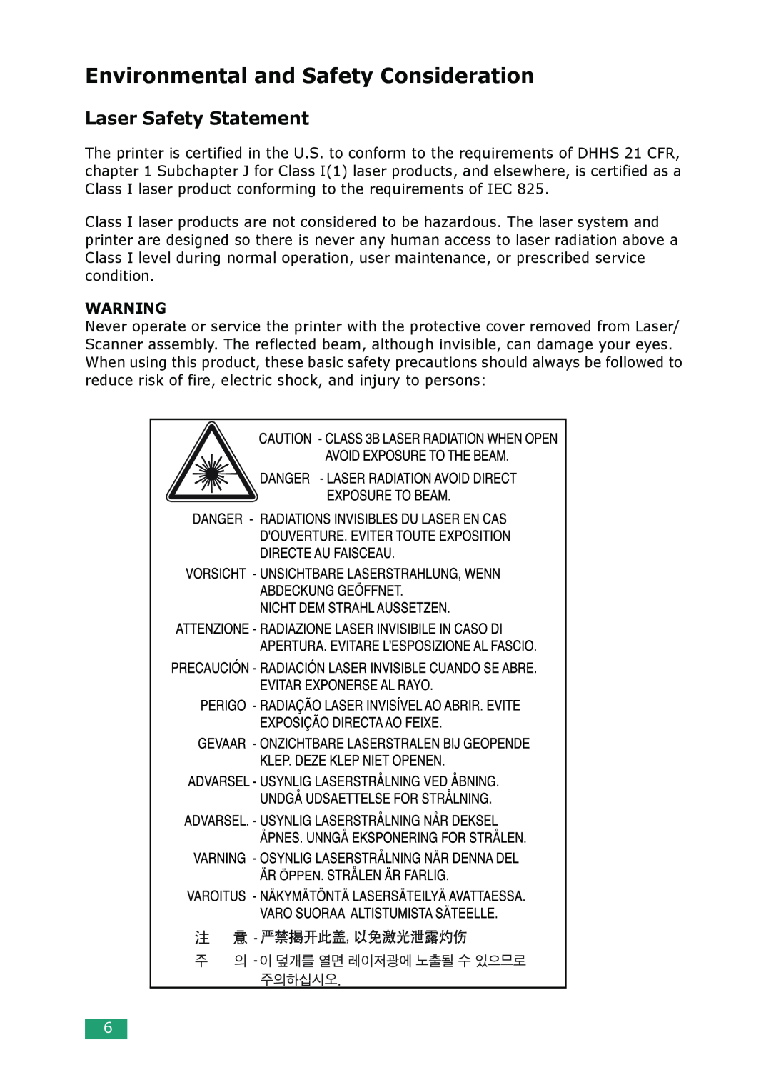 Samsung ML-1610 manual Environmental and Safety Consideration, Laser Safety Statement 