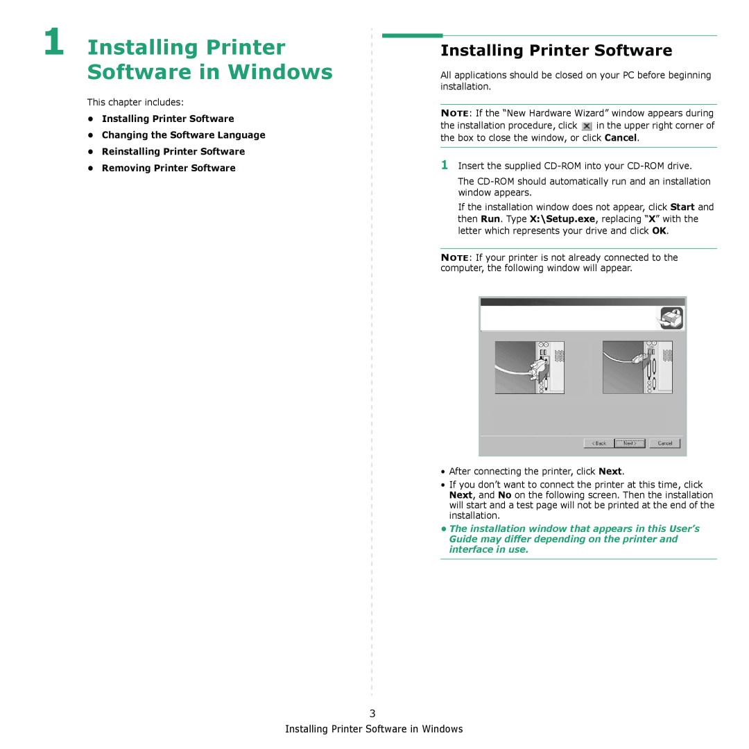 Samsung ML-1610 manual Installing Printer Software in Windows, Installing Printer Software Changing the Software Language 