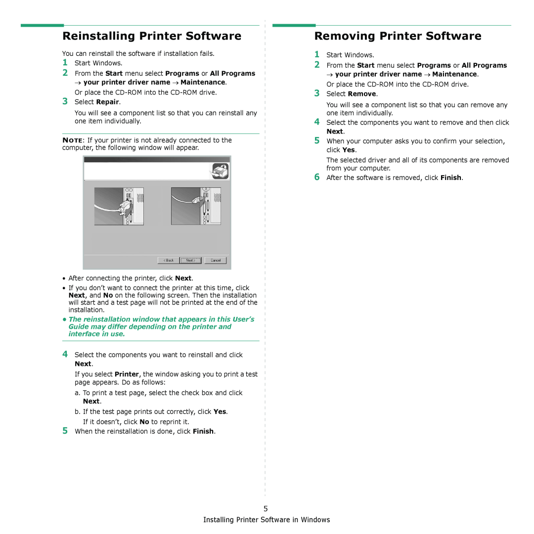 Samsung ML-1610 manual Reinstalling Printer Software, Removing Printer Software 