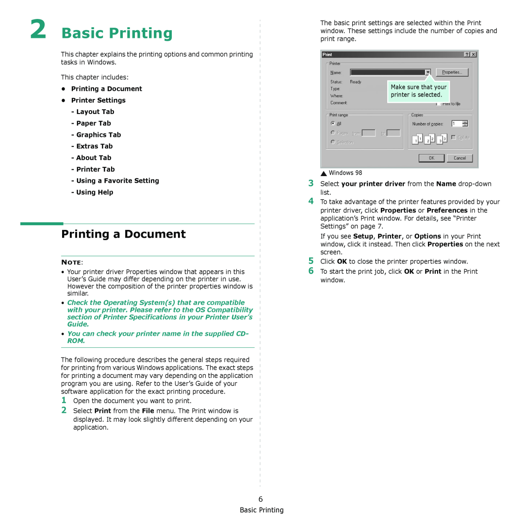 Samsung ML-1610 manual Basic Printing, Printing a Document Printer Settings Layout Tab Paper Tab 