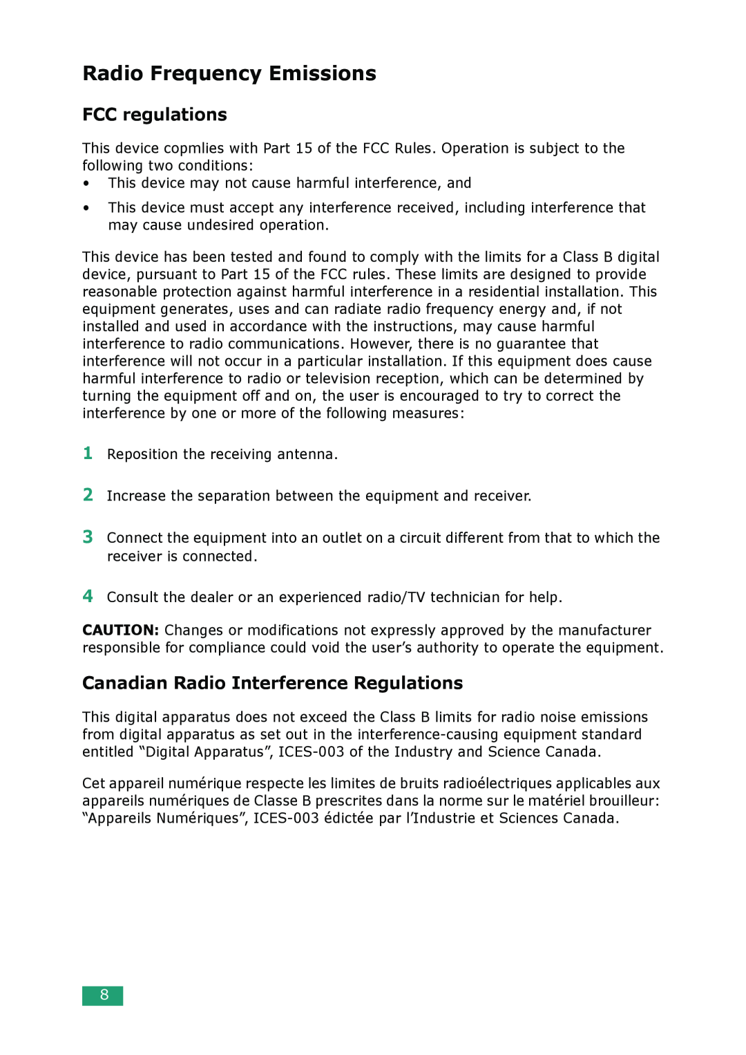 Samsung ML-1610 manual Radio Frequency Emissions, FCC regulations, Canadian Radio Interference Regulations 