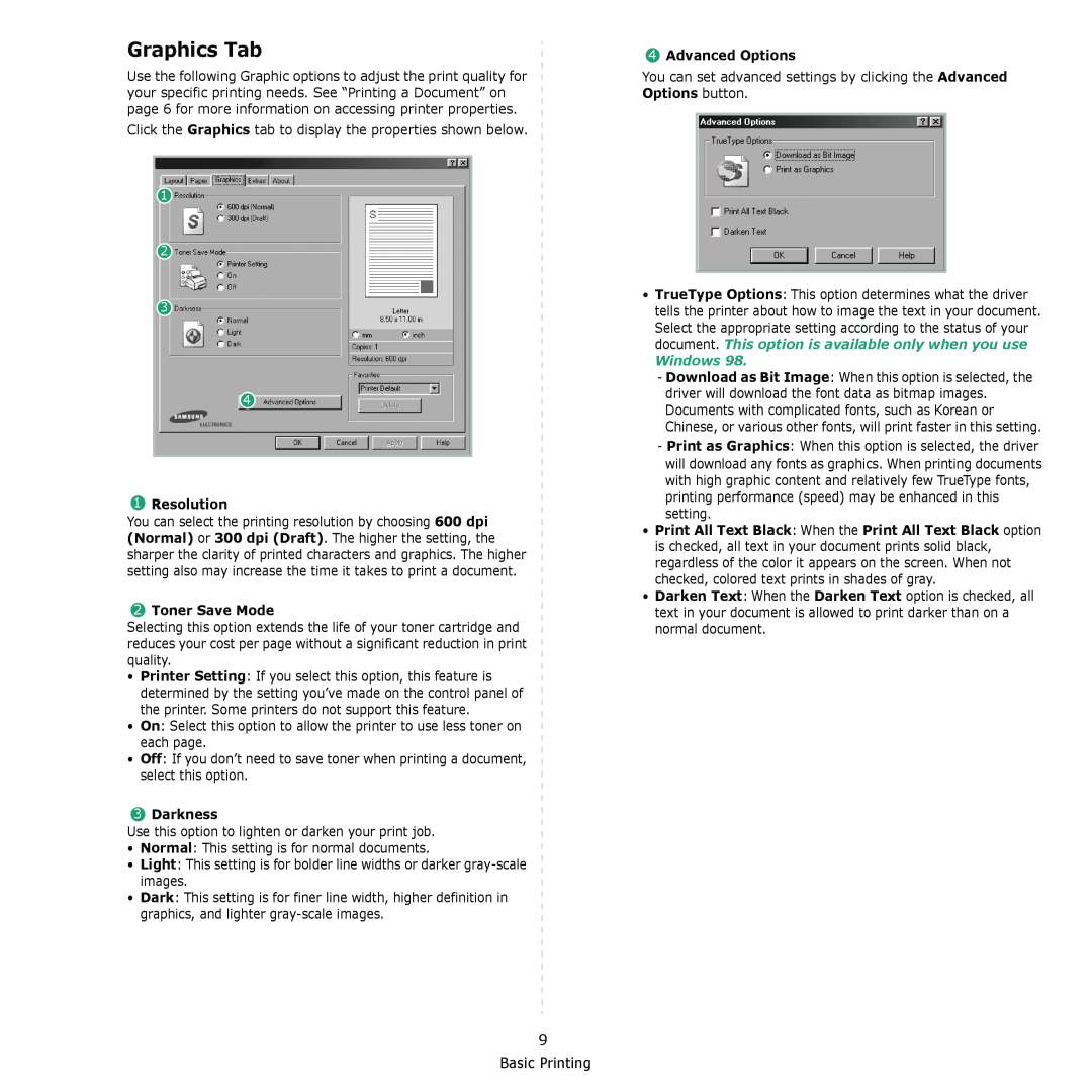 Samsung ML-1610 manual Graphics Tab, Resolution, Toner Save Mode, Darkness, Advanced Options, Windows 