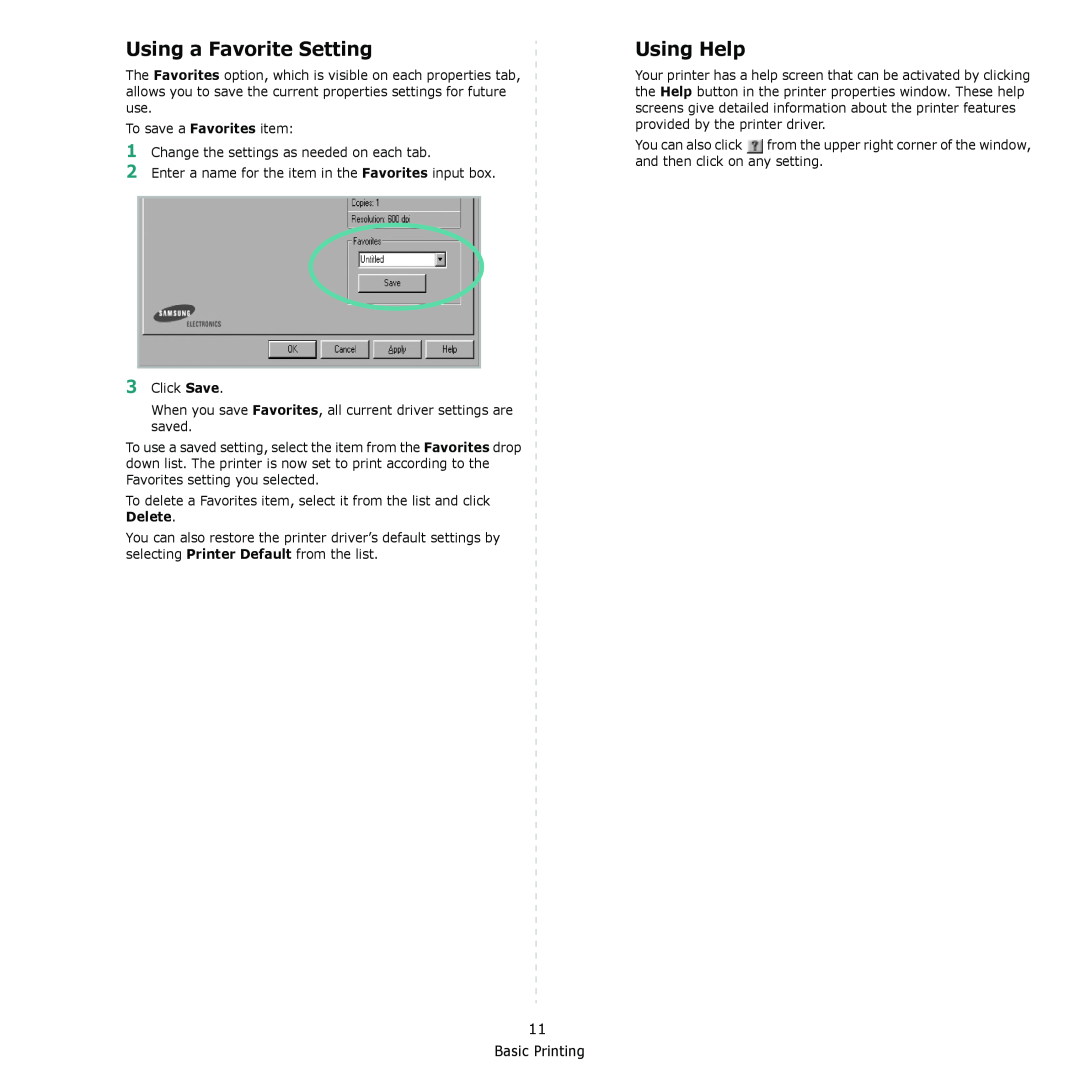 Samsung ML-1610 manual Using a Favorite Setting, Using Help, Basic Printing 