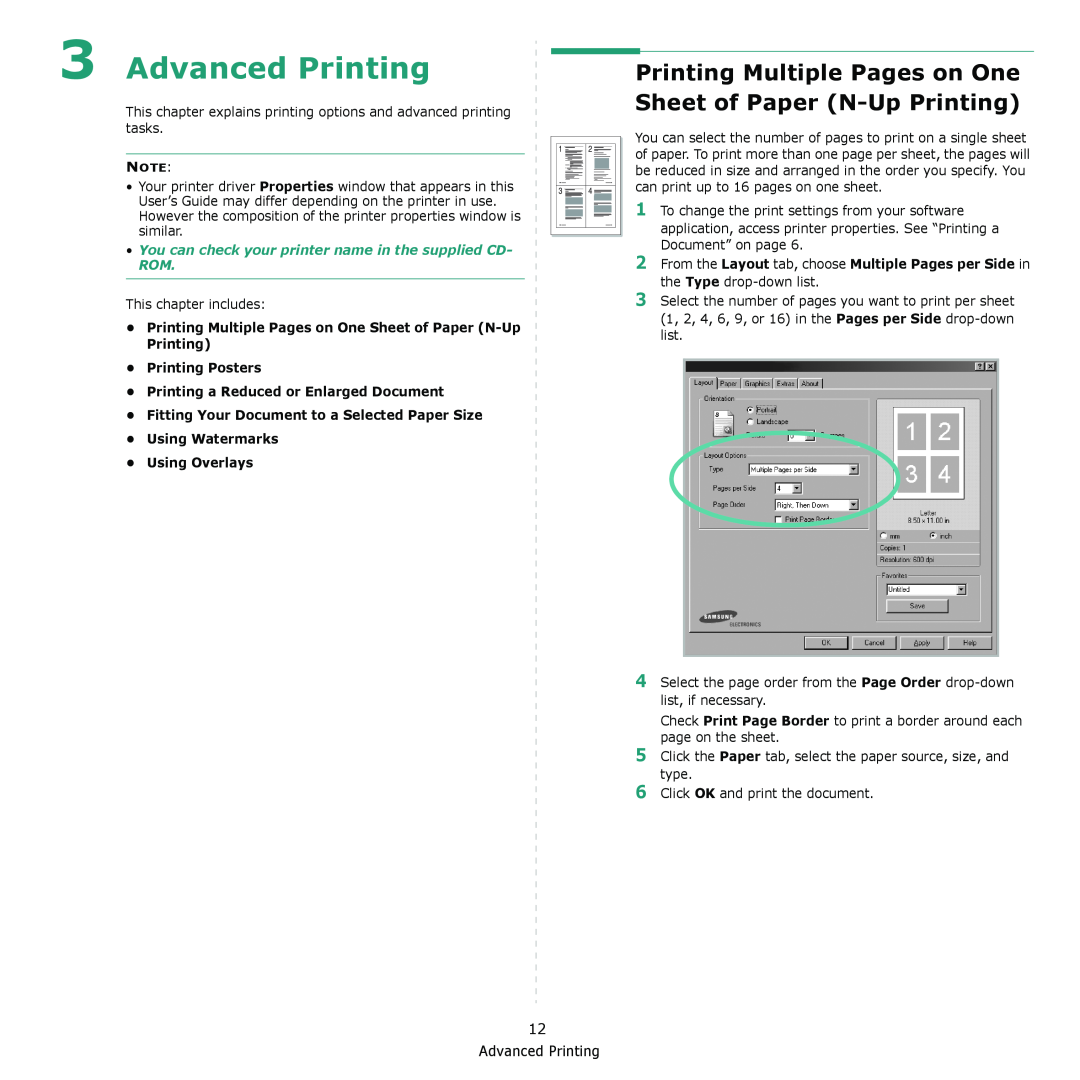 Samsung ML-1610 manual Advanced Printing, Printing Multiple Pages on One Sheet of Paper N-Up Printing, Using Overlays 