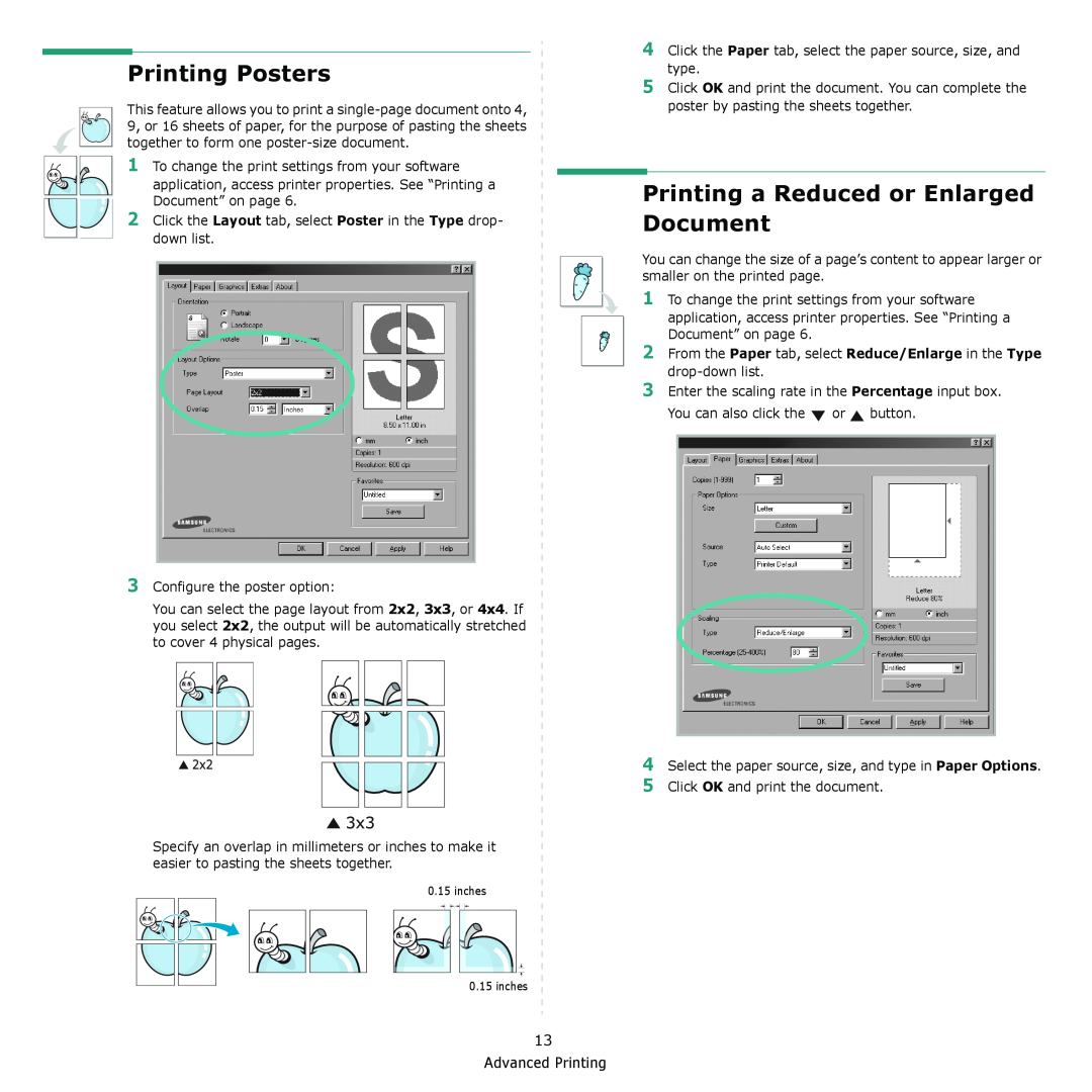 Samsung ML-1610 manual Printing Posters, Printing a Reduced or Enlarged Document, button 