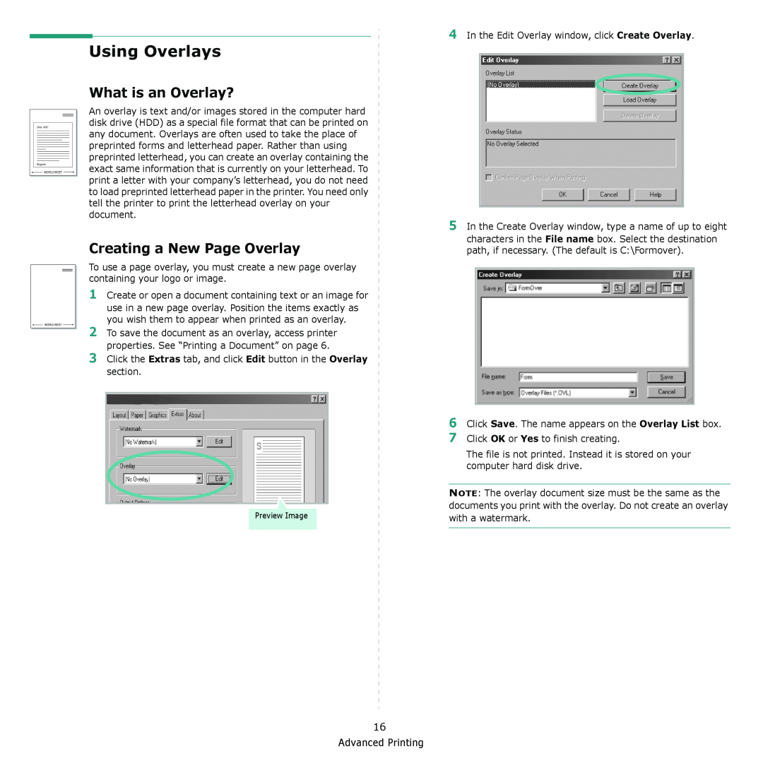 Samsung ML-1610 manual Using Overlays, What is an Overlay?, Creating a New Page Overlay 