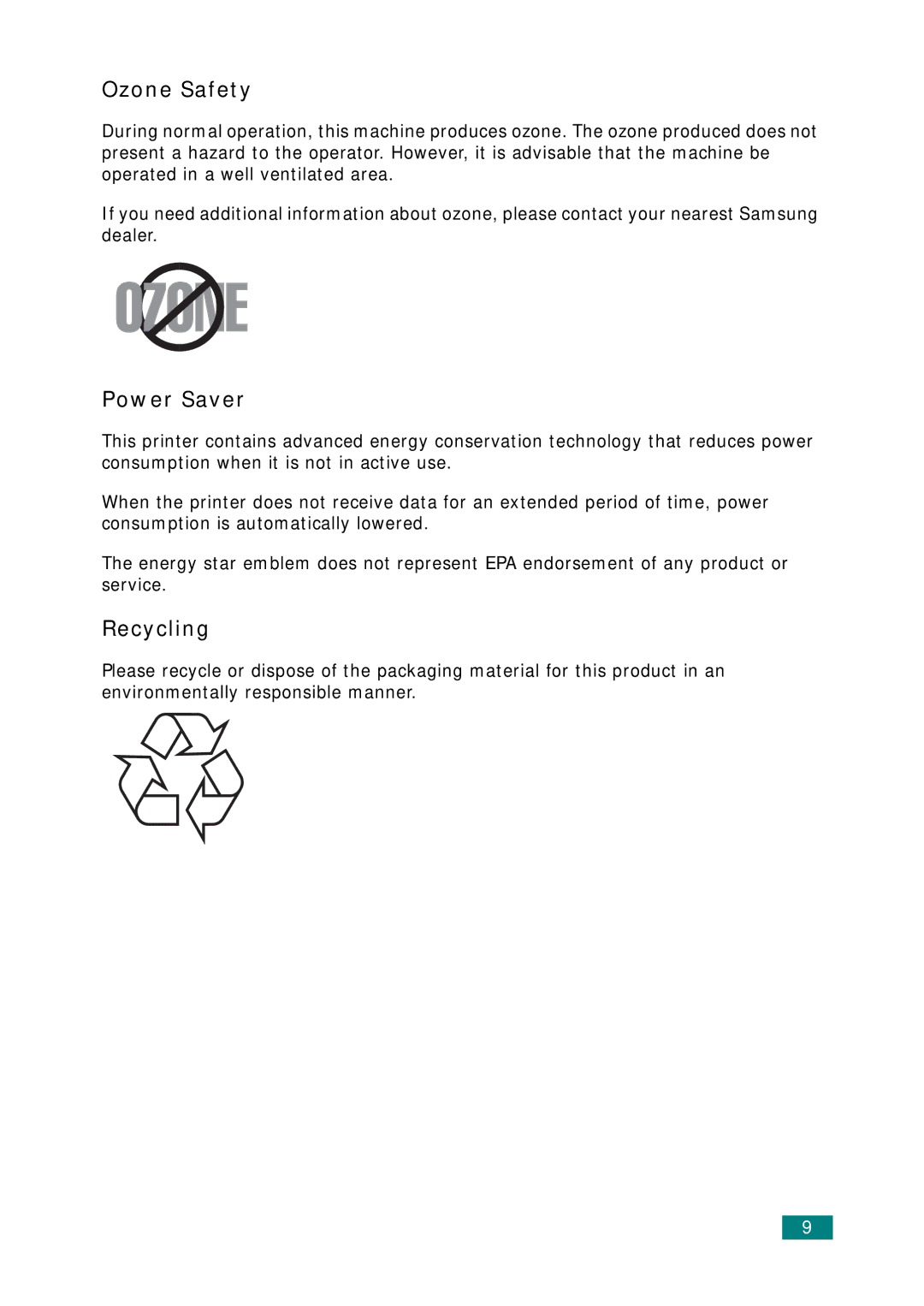 Samsung ML-1615 manual Ozone Safety 