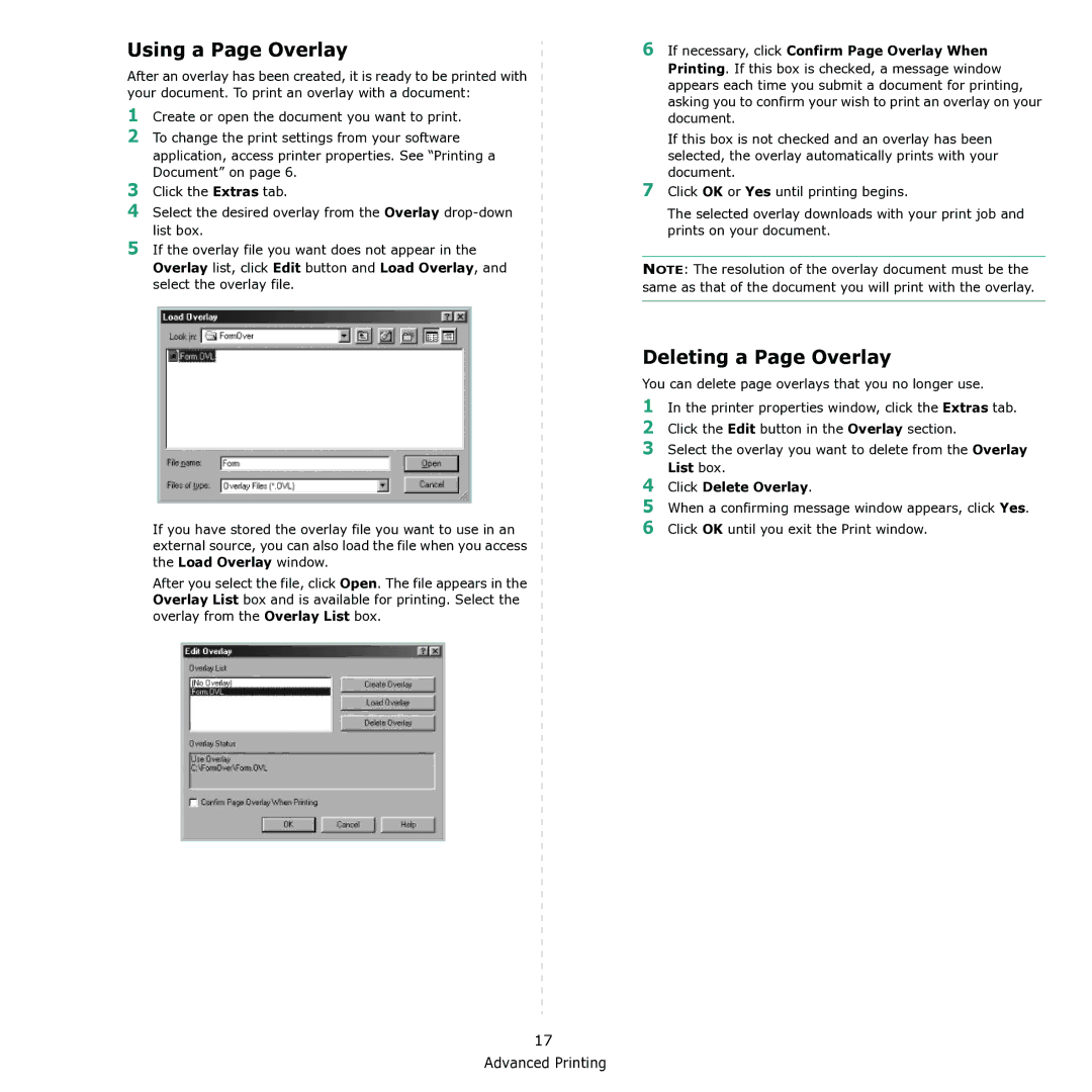 Samsung ML-1615 manual Using a Page Overlay, Deleting a Page Overlay, Click Delete Overlay 