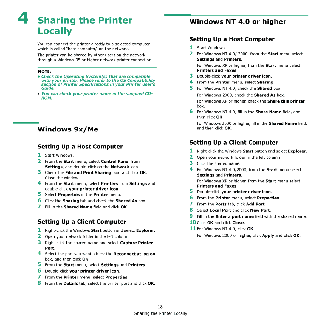 Samsung ML-1615 manual Windows 9x/Me, Windows NT 4.0 or higher, Setting Up a Host Computer, Setting Up a Client Computer 