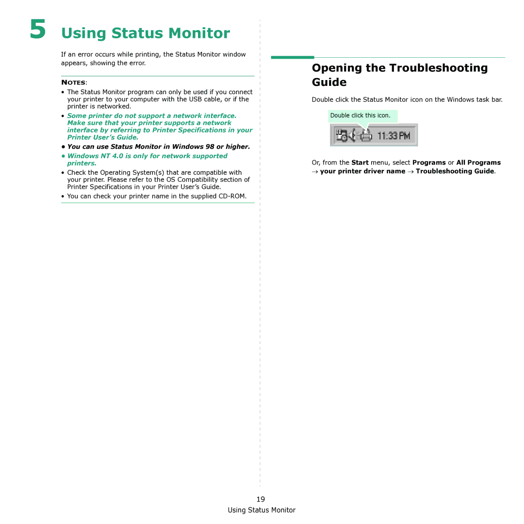 Samsung ML-1615 manual Opening the Troubleshooting Guide, Using Status Monitor 