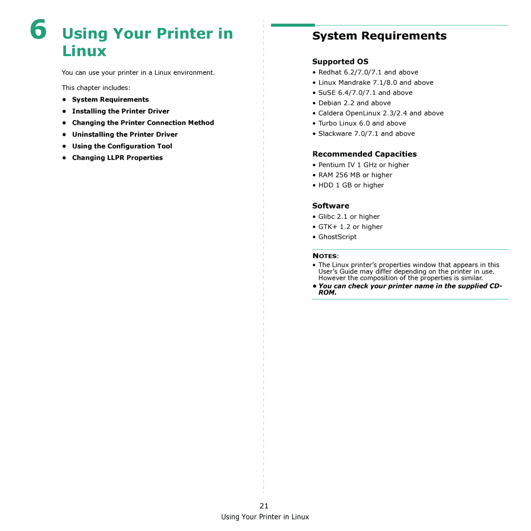 Samsung ML-1615 manual System Requirements, Supported OS, Recommended Capacities, Software, Using Your Printer in Linux 