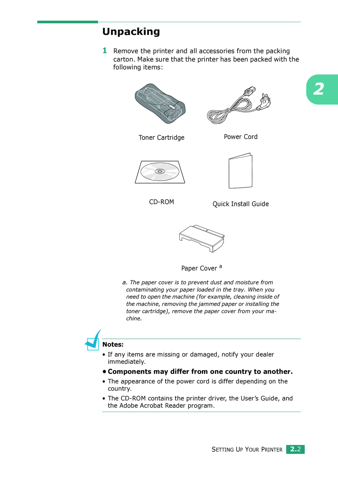 Samsung ML-1615 manual Unpacking, Paper Cover a, Components may differ from one country to another 