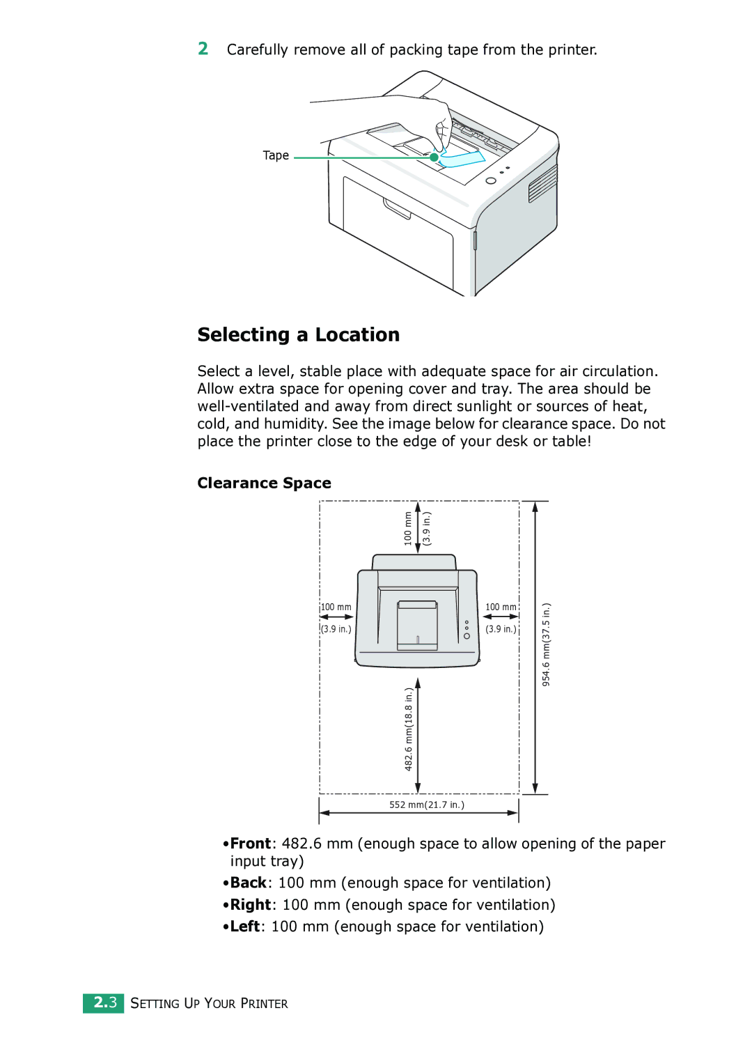 Samsung ML-1615 manual Selecting a Location, Carefully remove all of packing tape from the printer, Clearance Space 