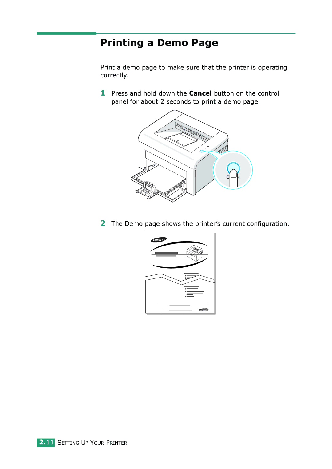 Samsung ML-1615 manual Printing a Demo, Demo page shows the printer’s current configuration 