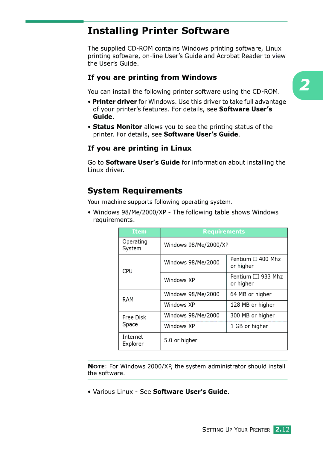 Samsung ML-1615 manual Installing Printer Software, System Requirements, Various Linux See Software User’s Guide 