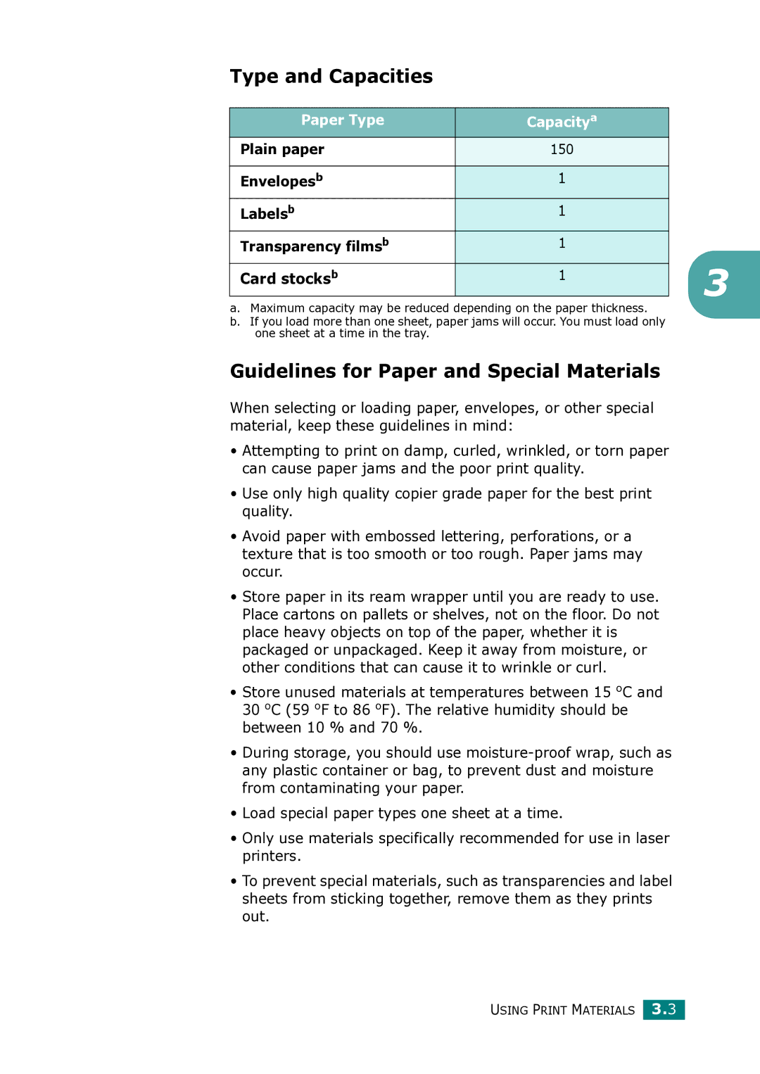 Samsung ML-1615 manual Type and Capacities, Guidelines for Paper and Special Materials, Paper Type Capacitya, Plain paper 