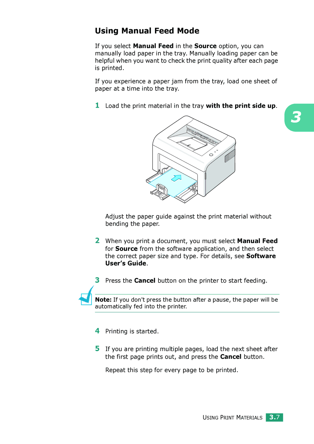 Samsung ML-1615 manual Using Manual Feed Mode, Repeat this step for every page to be printed 