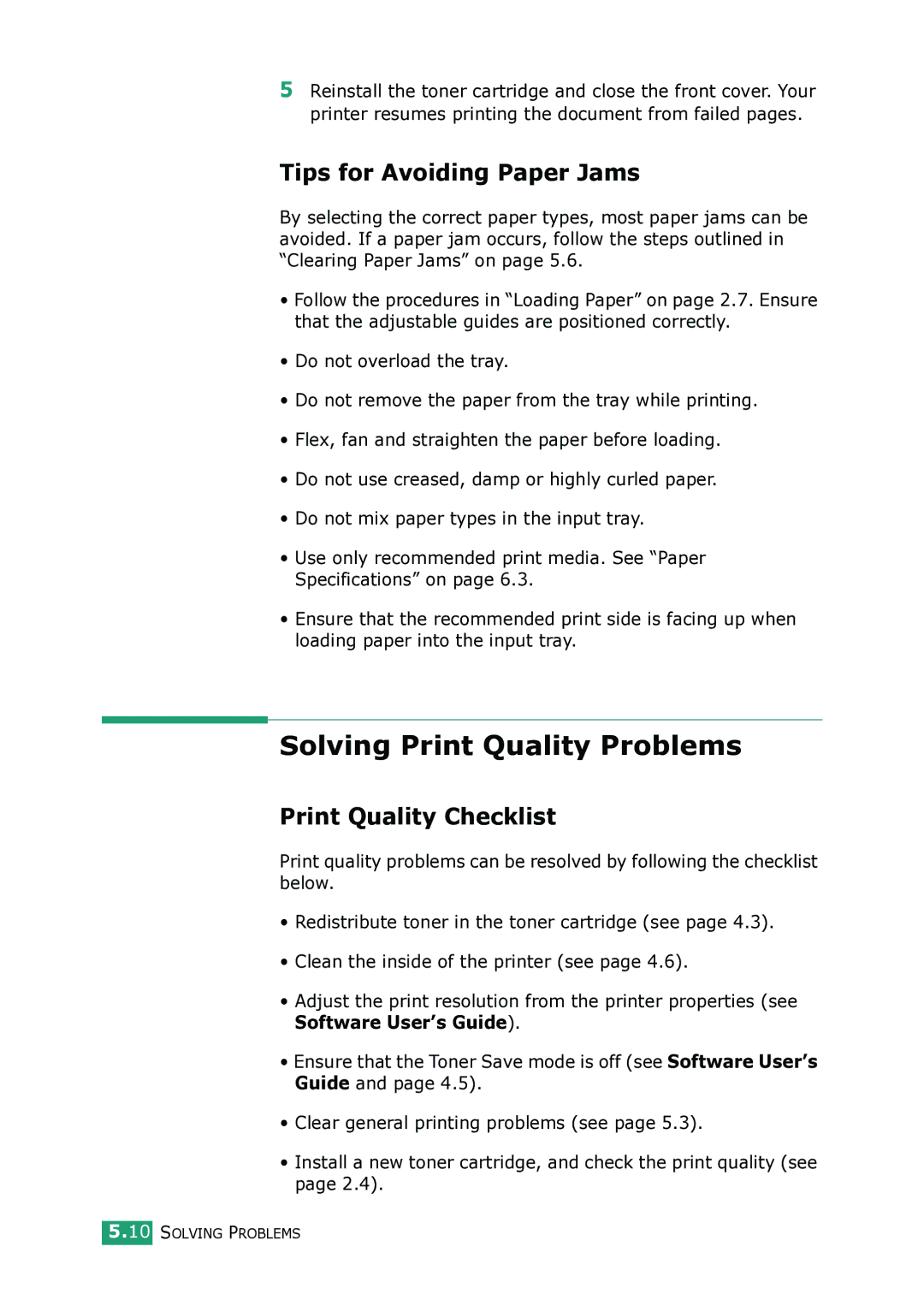 Samsung ML-1615 manual Solving Print Quality Problems, Tips for Avoiding Paper Jams, Print Quality Checklist 