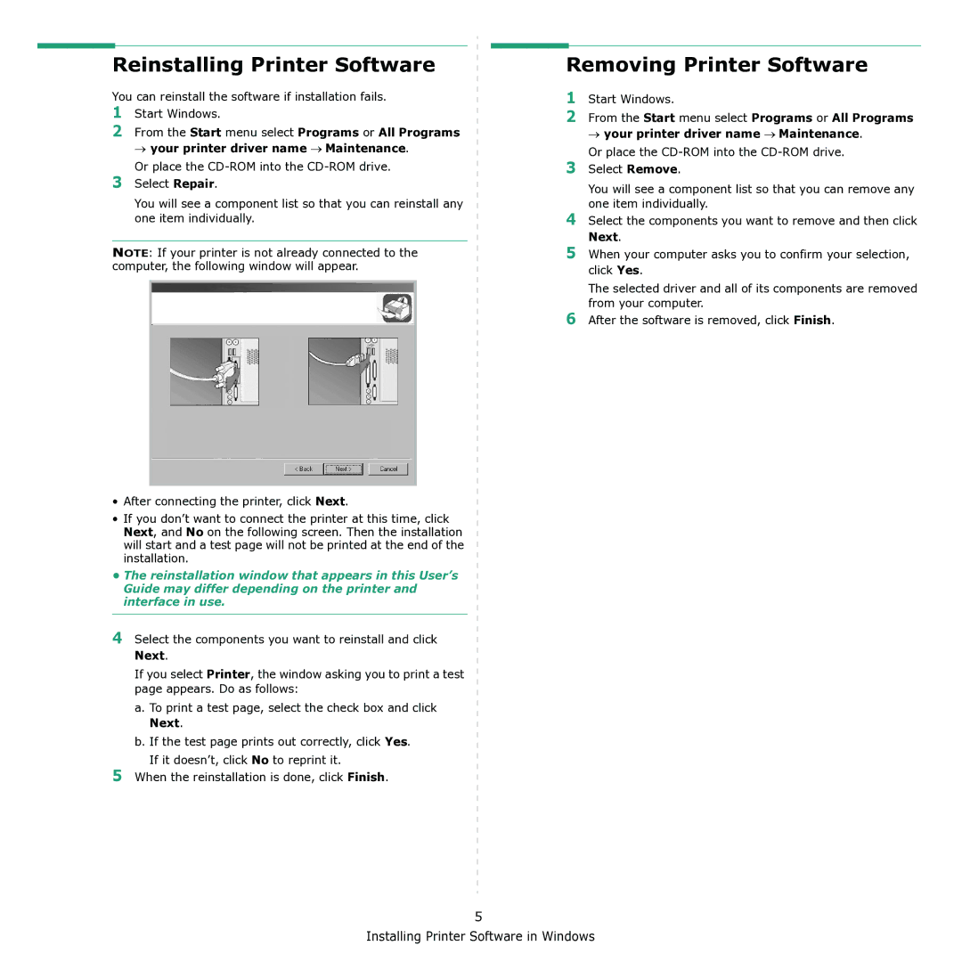 Samsung ML-1615 manual Reinstalling Printer Software, Removing Printer Software 