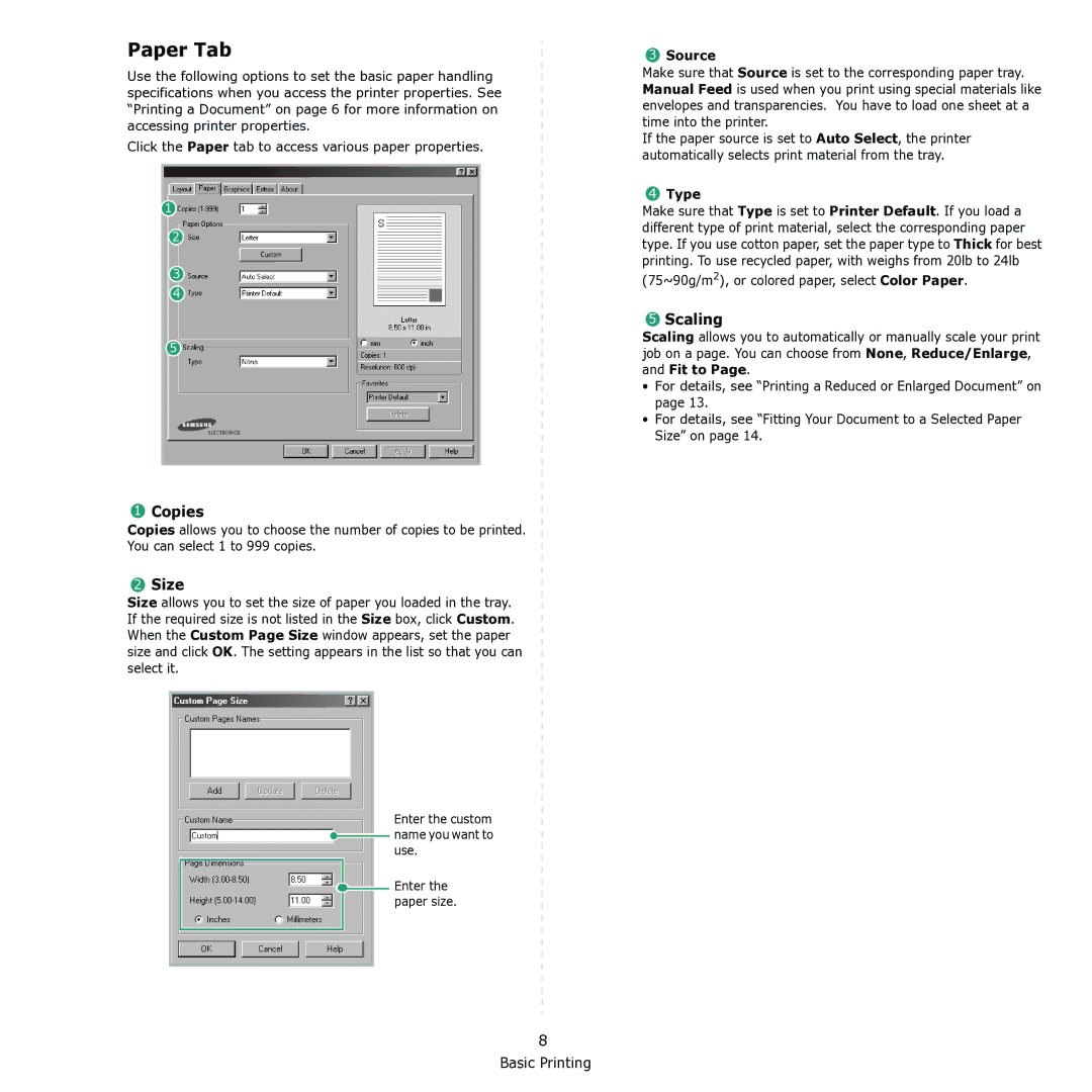 Samsung ML-1615 manual Paper Tab, Copies, Size, Scaling 