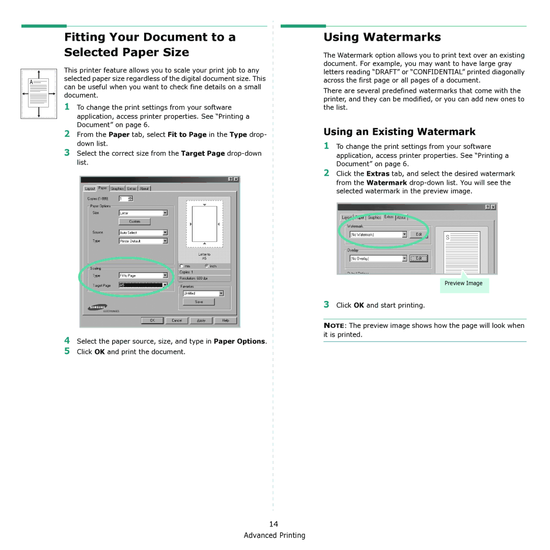 Samsung ML-1615 manual Fitting Your Document to a Selected Paper Size, Using Watermarks, Using an Existing Watermark 