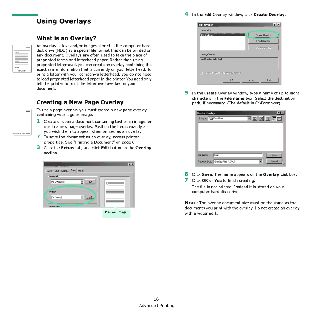 Samsung ML-1615 manual Using Overlays, What is an Overlay?, Creating a New Page Overlay 