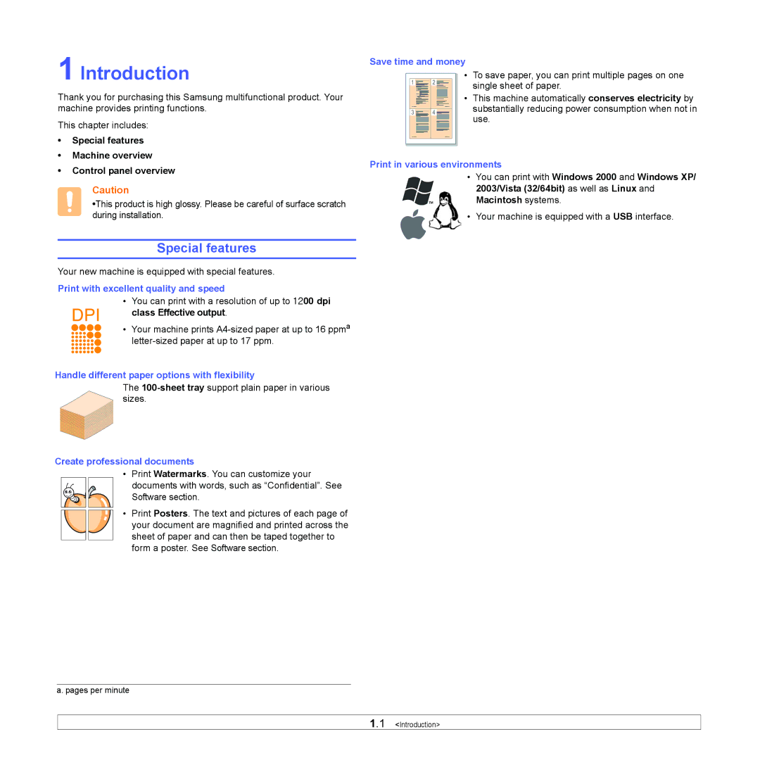 Samsung ML-1630 manual Introduction, Special features Machine overview Control panel overview 