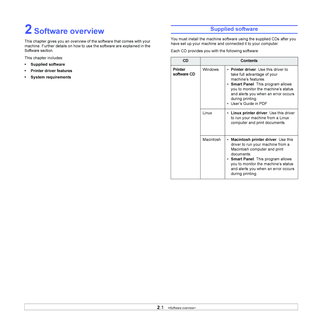 Samsung ML-1630 manual Software overview, Supplied software 