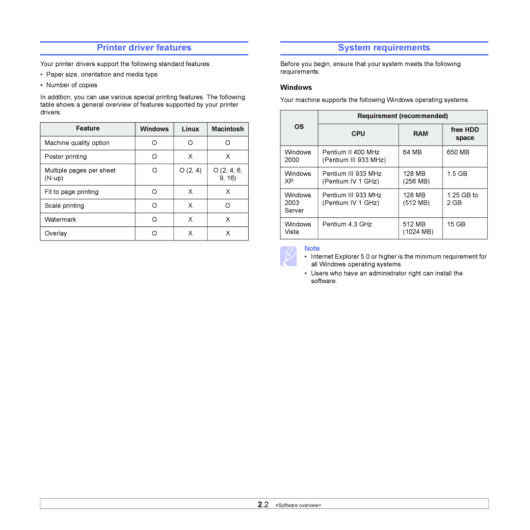 Samsung ML-1630 manual Printer driver features, System requirements 