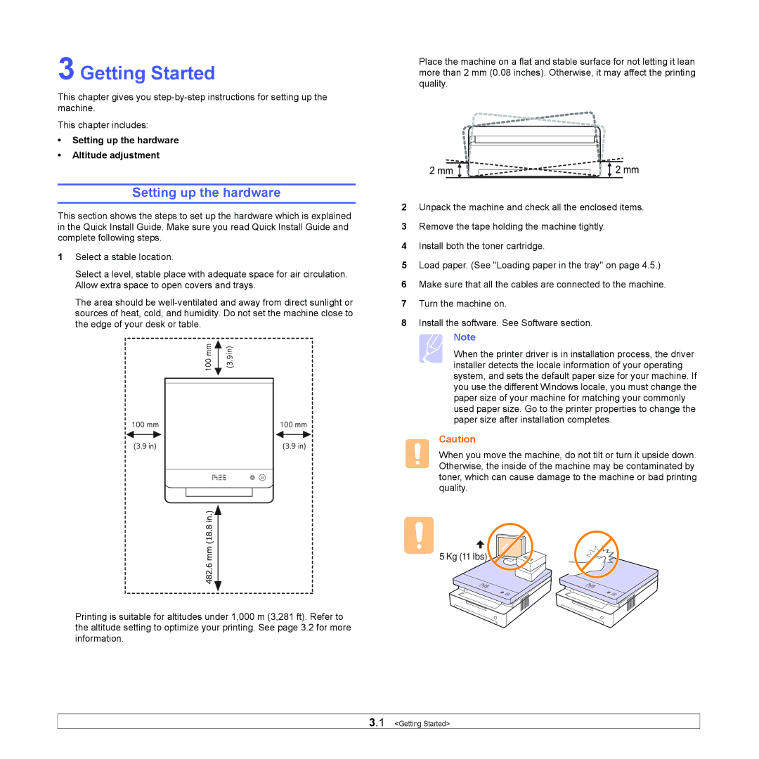 Samsung ML-1630 manual Getting Started, Setting up the hardware Altitude adjustment 