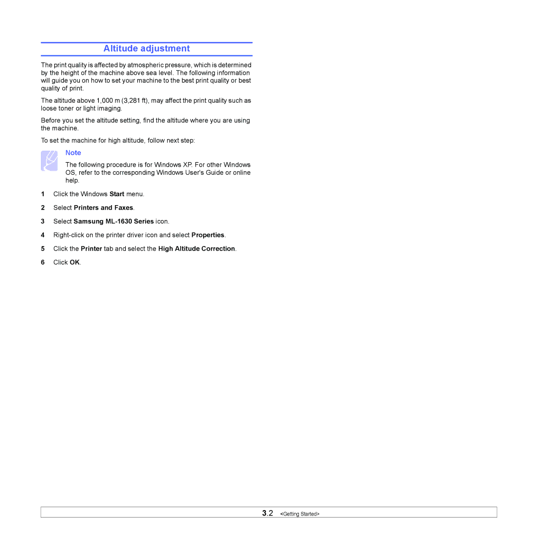 Samsung manual Altitude adjustment, Select Printers and Faxes Select Samsung ML-1630 Series icon 