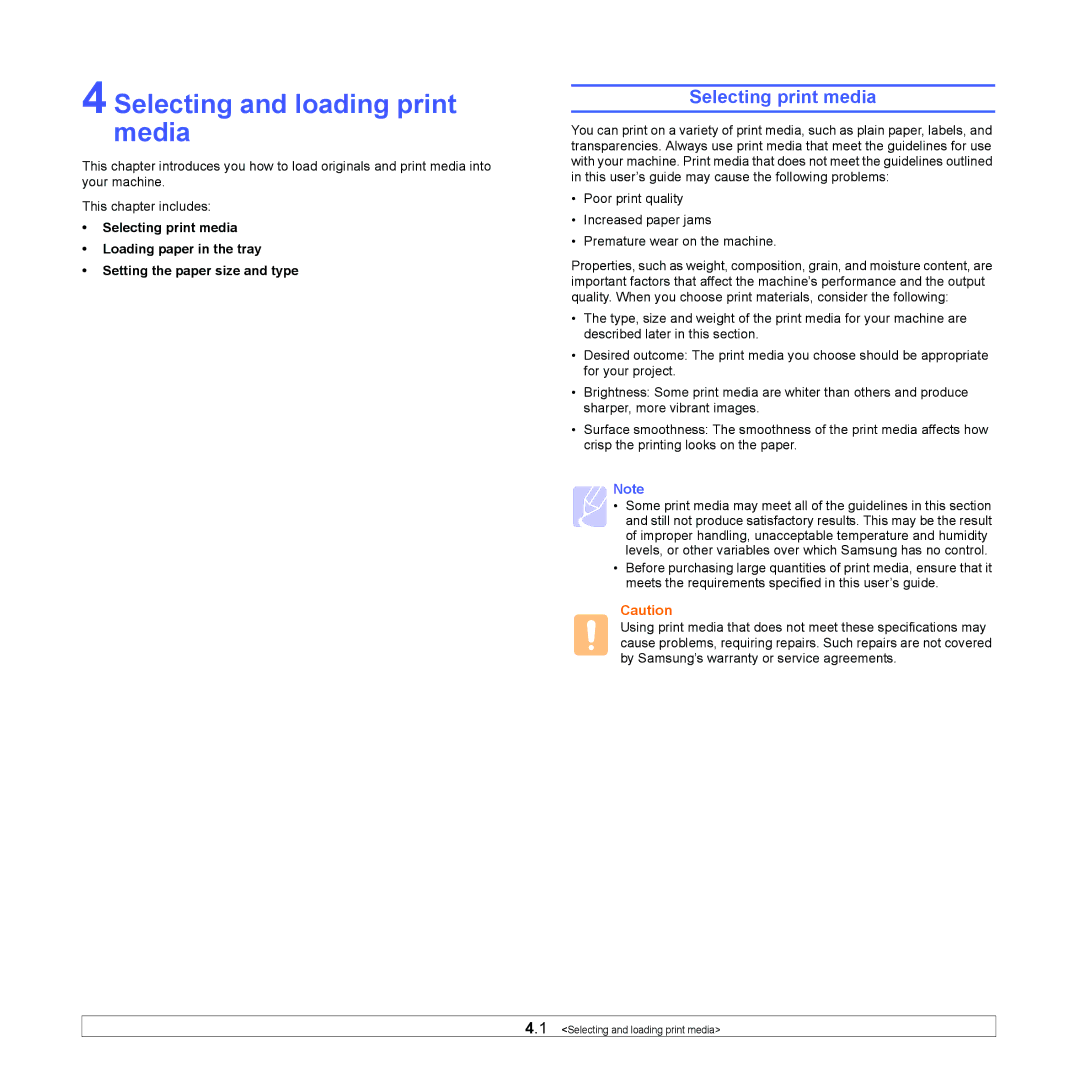 Samsung ML-1630 manual Selecting and loading print media, Selecting print media 