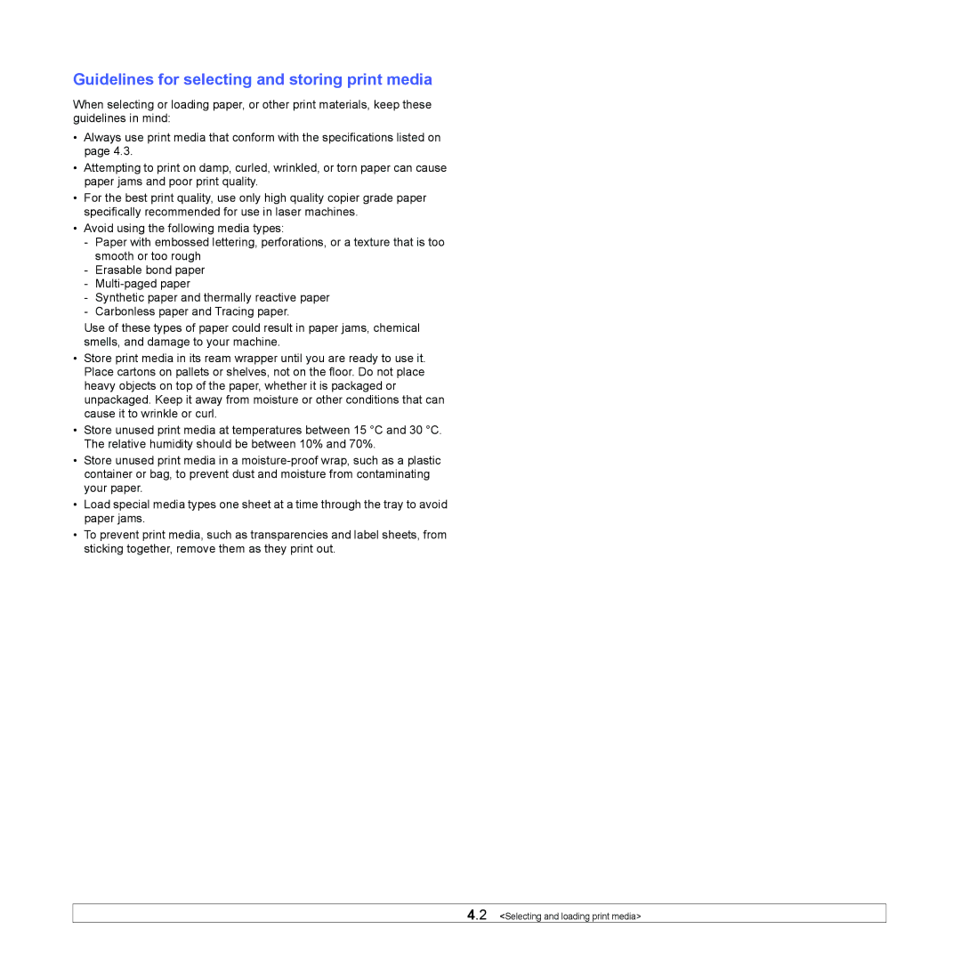 Samsung ML-1630 manual Guidelines for selecting and storing print media 