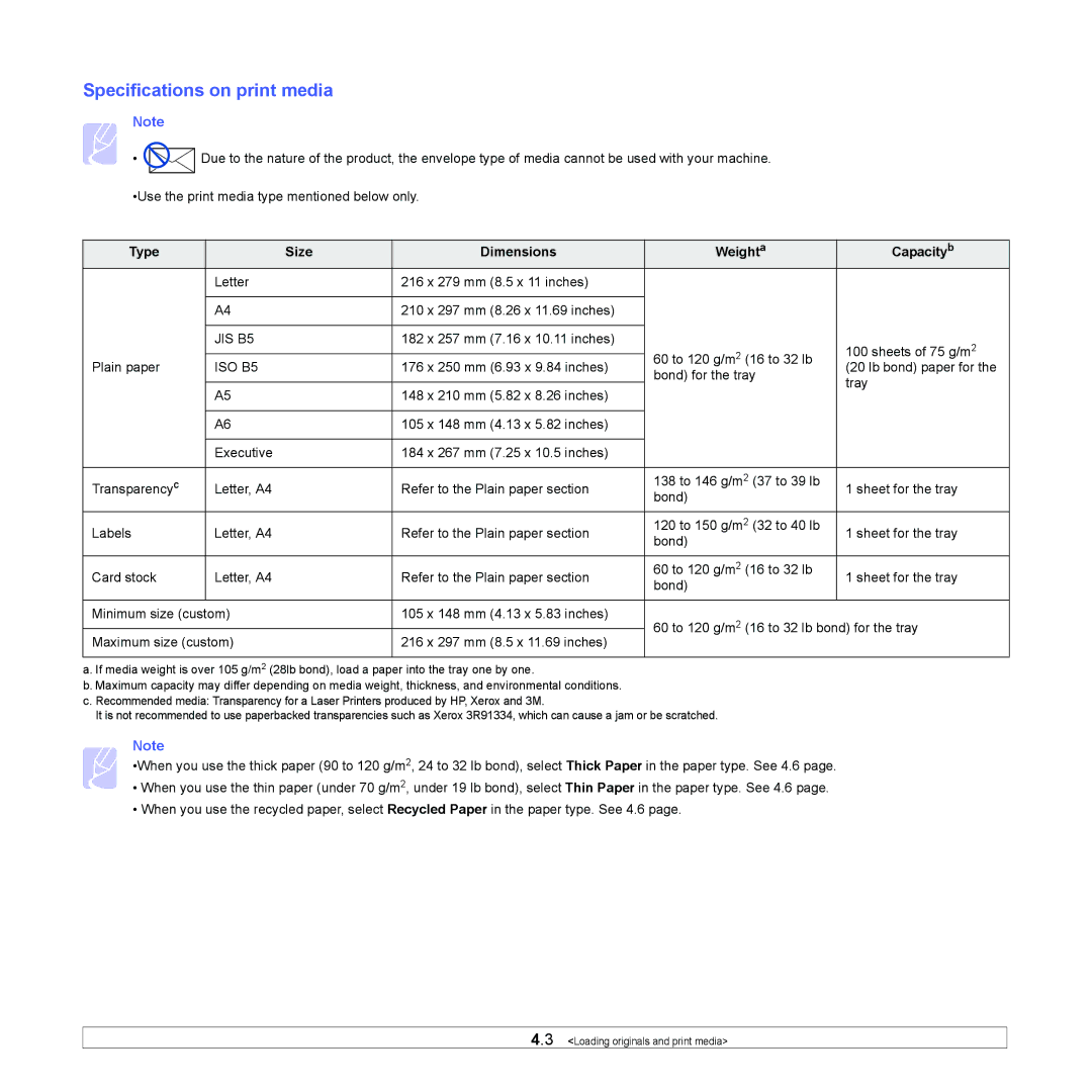 Samsung ML-1630 manual Specifications on print media, Type Size Dimensions Weighta Capacityb 