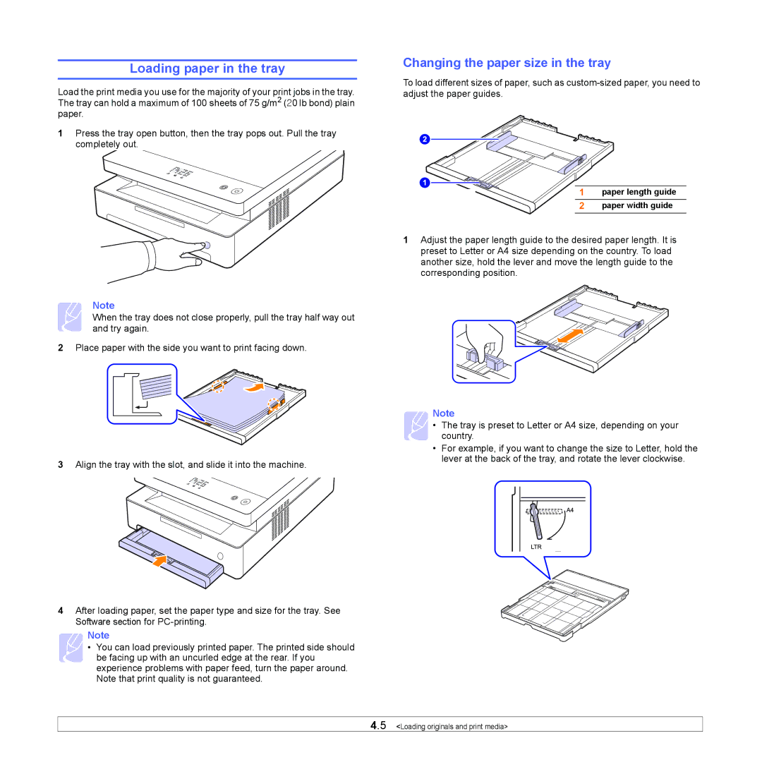 Samsung ML-1630 manual Loading paper in the tray, Changing the paper size in the tray 