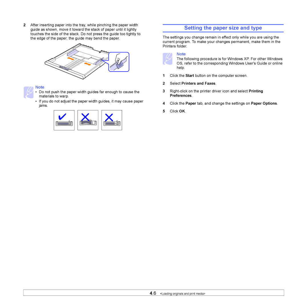 Samsung ML-1630 manual Setting the paper size and type, Select Printers and Faxes 