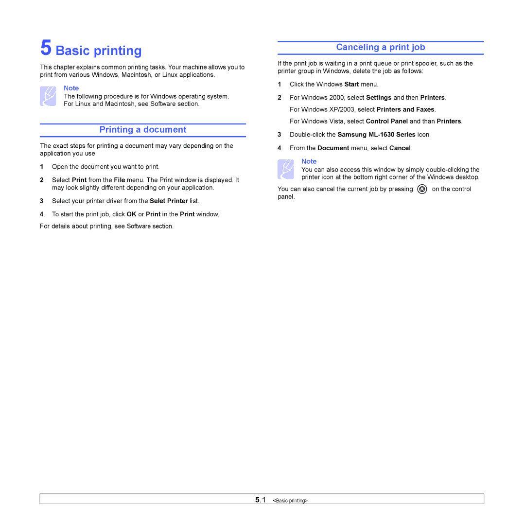 Samsung manual Basic printing, Printing a document, Canceling a print job, Double-click the Samsung ML-1630 Series icon 