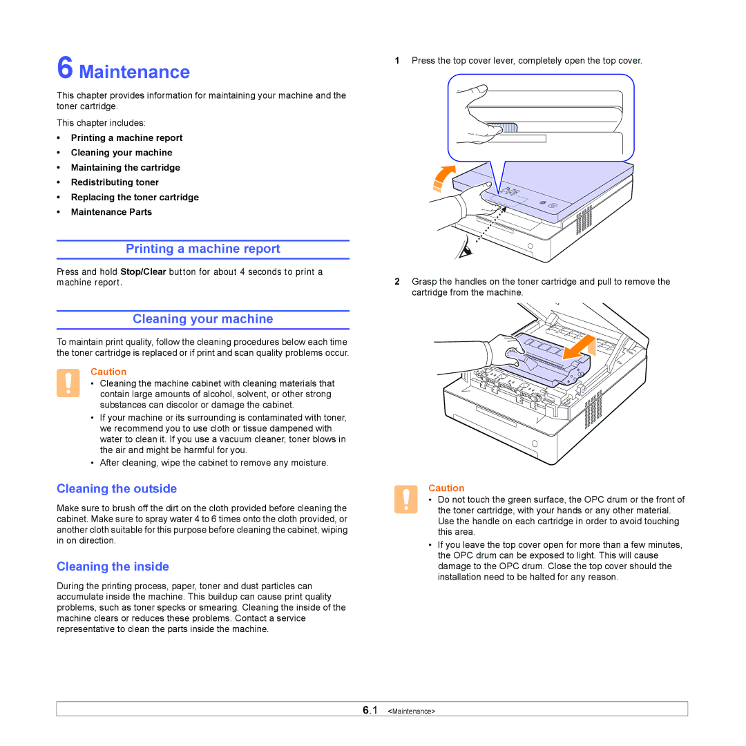 Samsung ML-1630 Maintenance, Printing a machine report, Cleaning your machine, Cleaning the outside, Cleaning the inside 