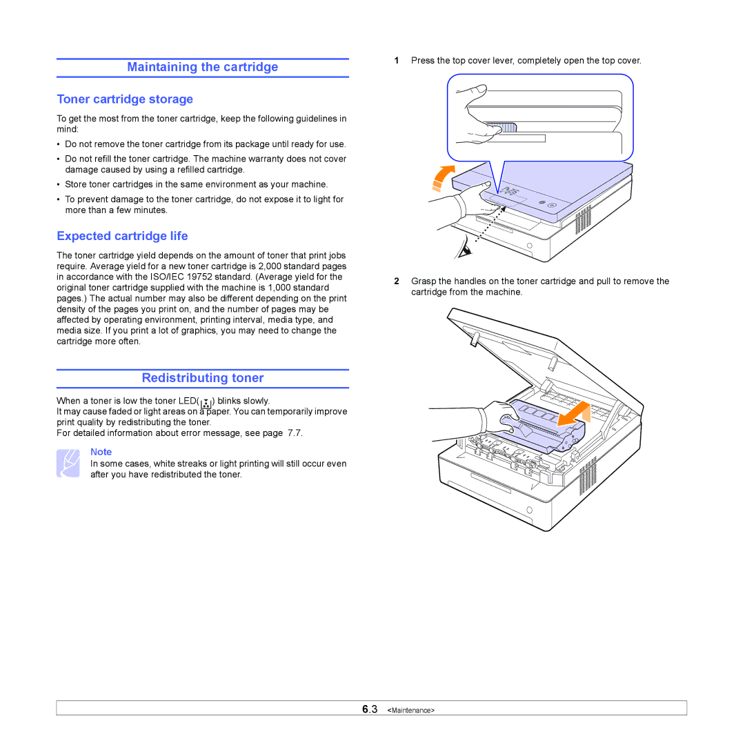 Samsung ML-1630 manual Maintaining the cartridge, Redistributing toner, Toner cartridge storage, Expected cartridge life 