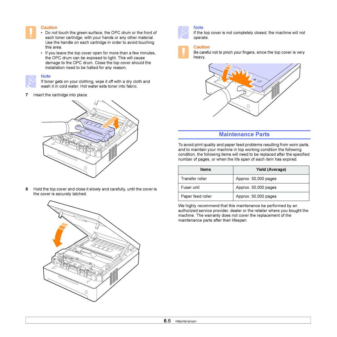 Samsung ML-1630 manual Maintenance Parts, Items Yield Average 