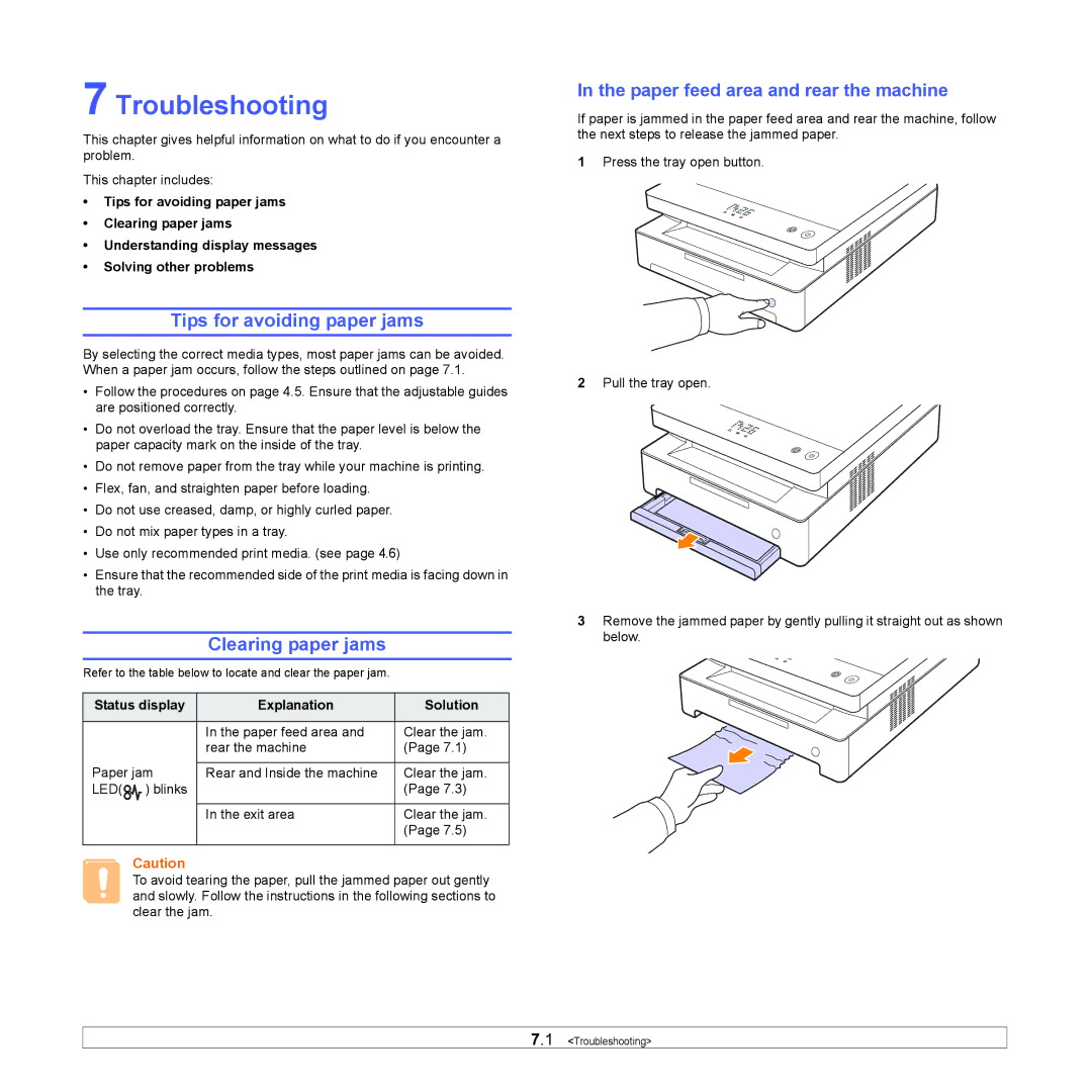 Samsung ML-1630 Troubleshooting, Tips for avoiding paper jams, Clearing paper jams, Paper feed area and rear the machine 